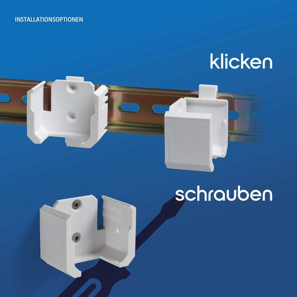 Die Halterung von der Seite mit eingeclipstem Eltako-Modul