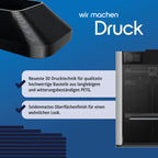 Hinweisgrafik zur Fertigung: schwarzes PETG-Bauteil aus dem 3D-Drucker mit seidenmattem Oberflächenfinish