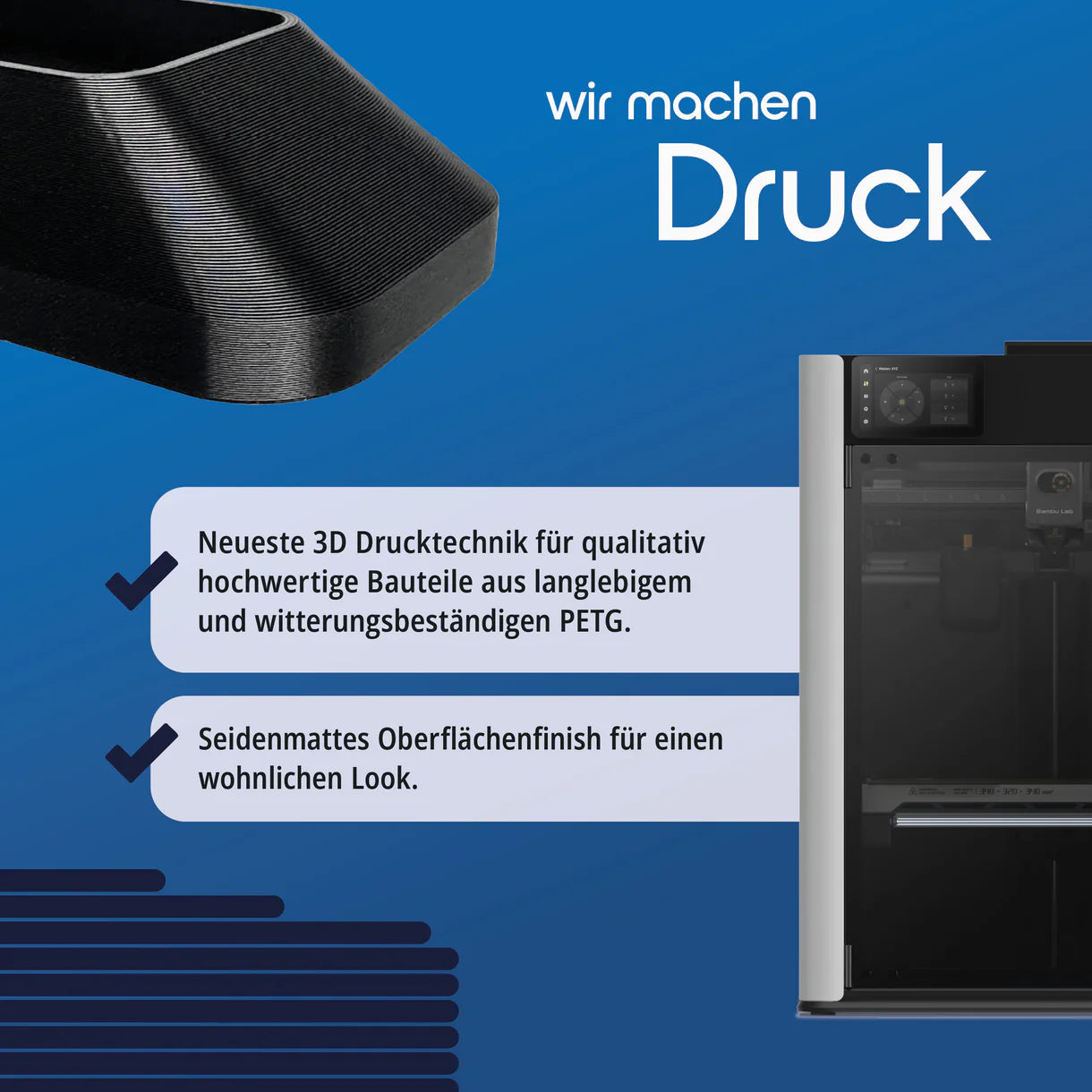 Hinweisgrafik zur Fertigung: schwarzes PETG-Bauteil aus dem 3D-Drucker mit seidenmattem Oberflächenfinish