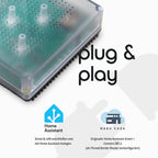 Plug-and-play-Grafik zum Home Assistant Green im transparenten Gehäuse, darunter die Logos Home Assistant und Nabu Casa