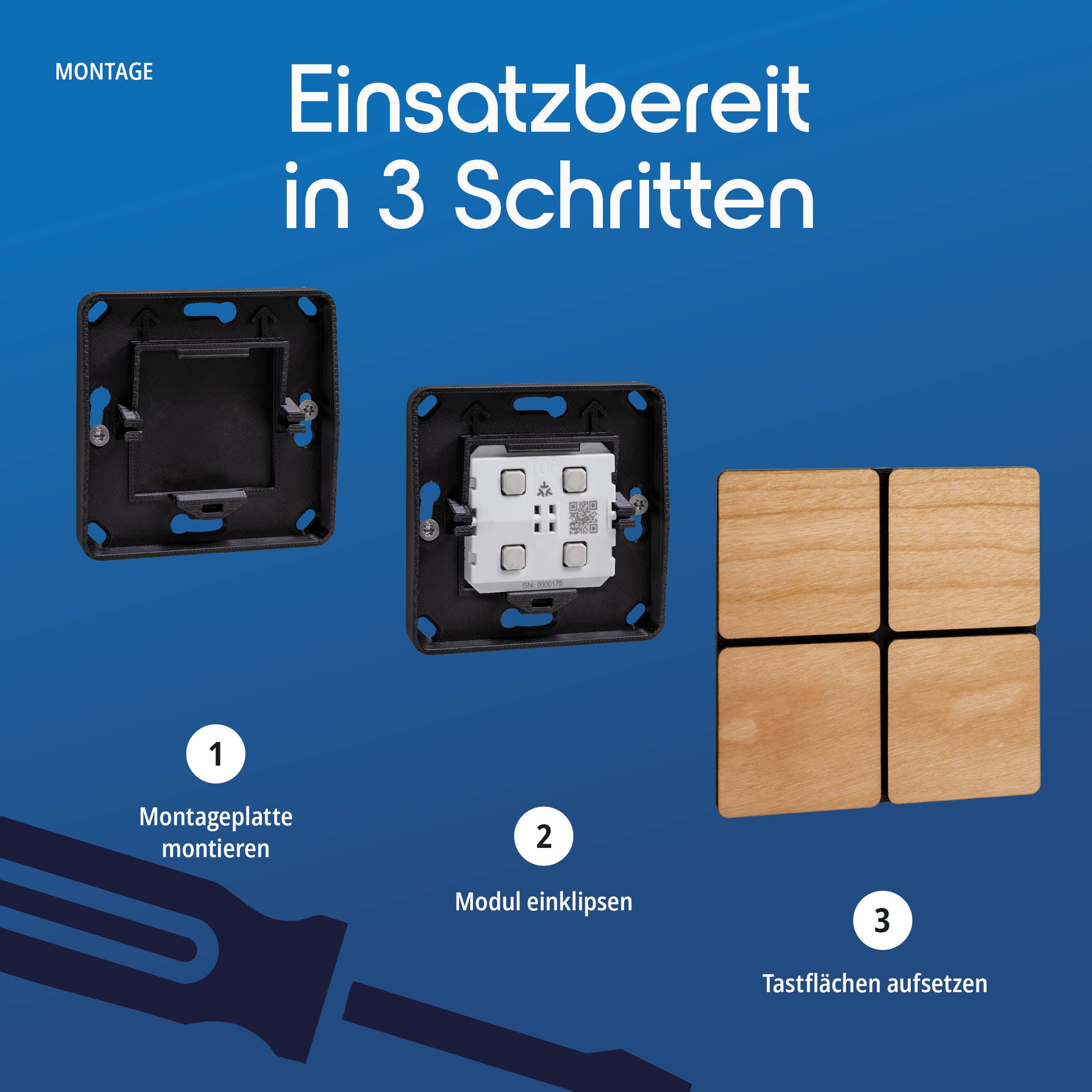 Grafik: Montage in drei Schritten – Montageplatte, Modul einklipsen, Tastflächen aufsetzen