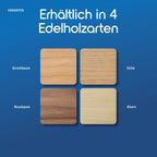 Die vier Edelholzarten des smattex Lichtschalters: Kirschbaum, Eiche, Nussbaum, Ahorn