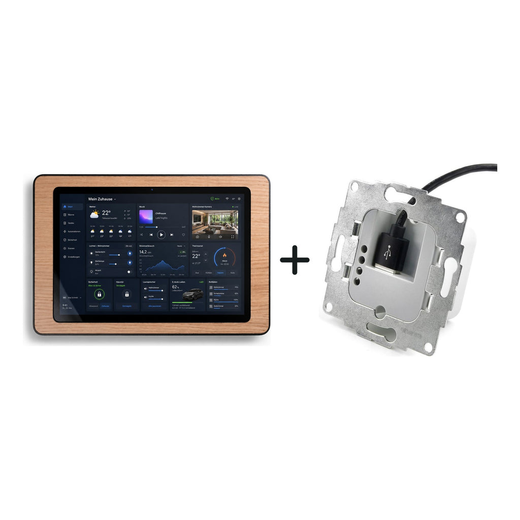 smattex Wand-Tablet 10,1 Zoll und sCharge Unterputz-Netzteil 12 W nebeneinander vor weißem Hintergrund