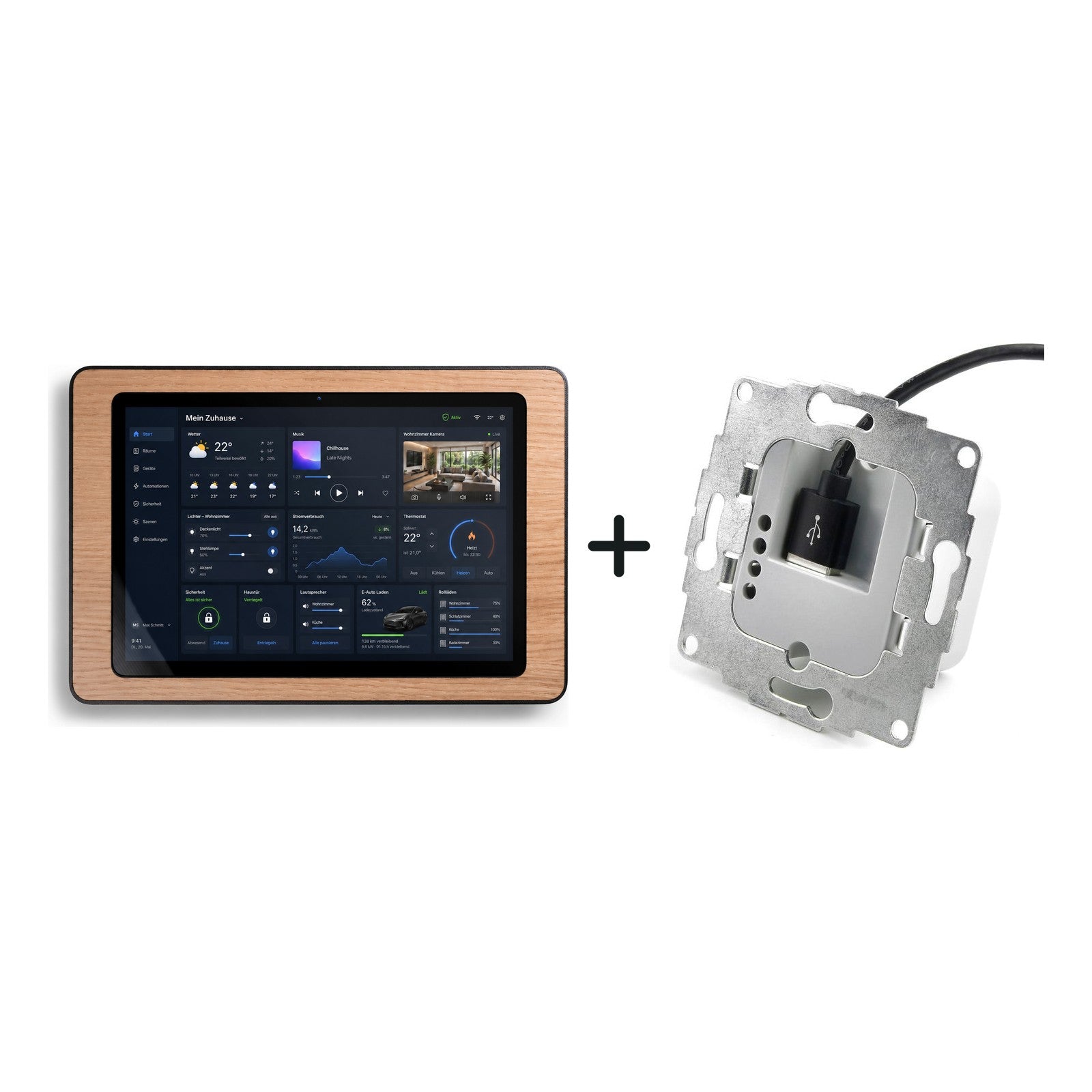 smattex Wand-Tablet 10,1 Zoll und sCharge Unterputz-Netzteil 12 W nebeneinander vor weißem Hintergrund