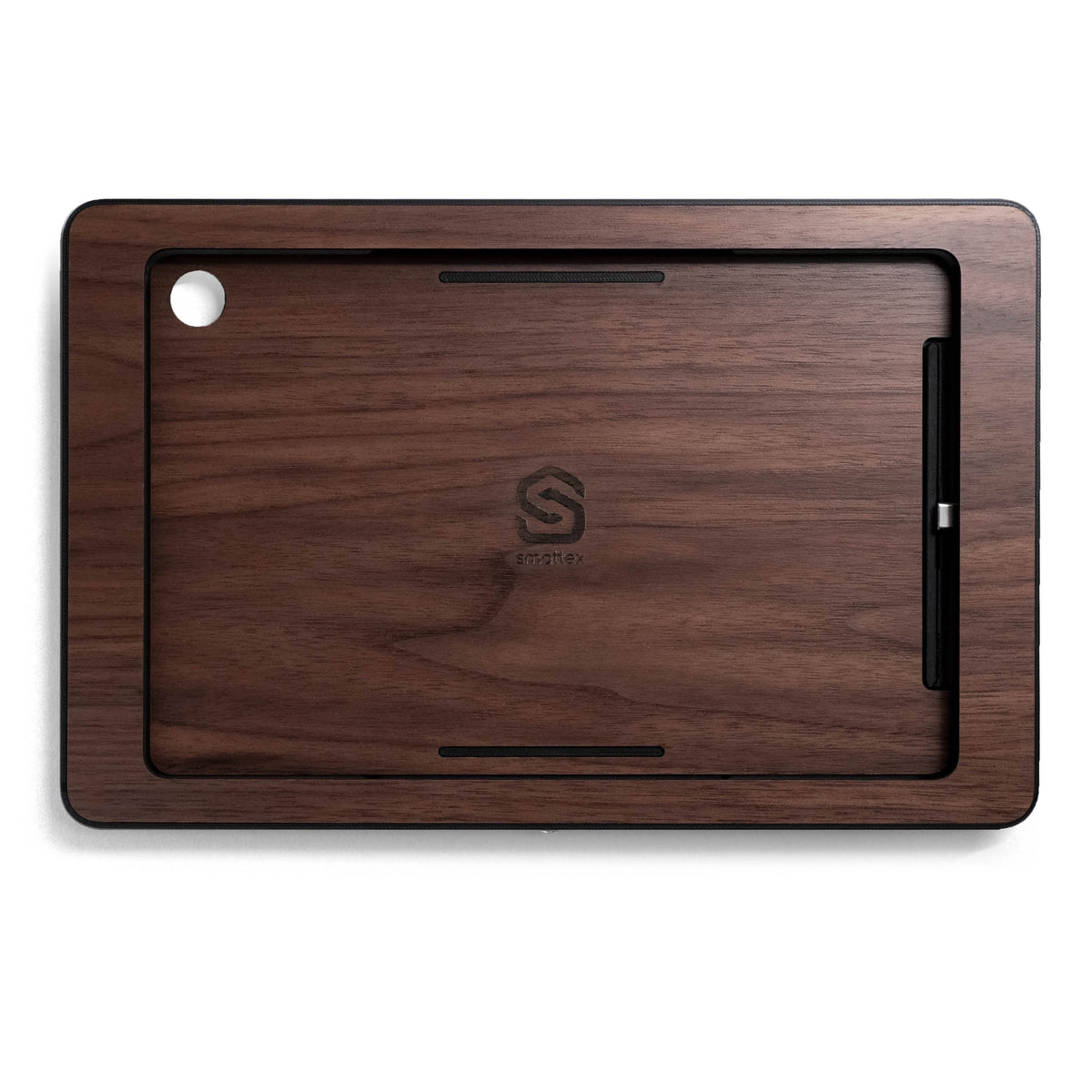 smattex Wand-Tablet mit Blende in Nussbaum, dunkle Maserung, Kameraausschnitt und seitliche Steckerleiste