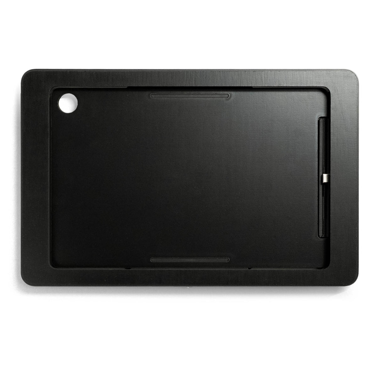 smattex Wand-Tablet mit schwarzer Blende, Rückansicht mit Kameraausschnitt und Ladeanschluss an der Seite