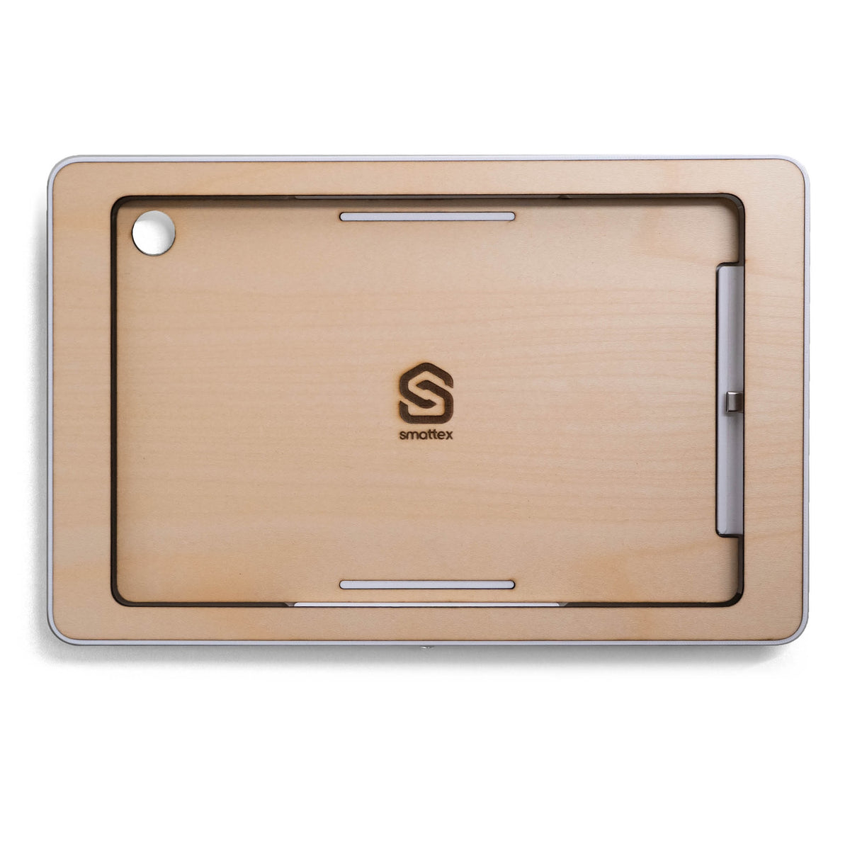smattex Wand-Tablet mit Blende in Ahorn, helles Holz, Kameraausschnitt und Steckerleiste an der Seite