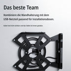 Grafik: Wandhalterung des smattex Wand-Tablets über einer Unterputzdose mit USB-Netzteil, Kabel innen geführt