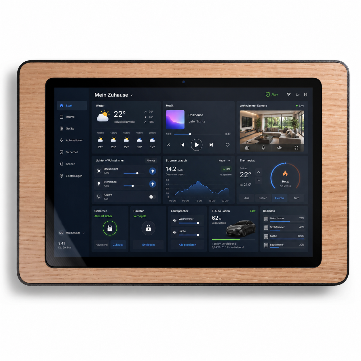 smattex Wand-Tablet mit Blende aus Eiche an einer Wand, Smart-Home-Dashboard auf dem Display