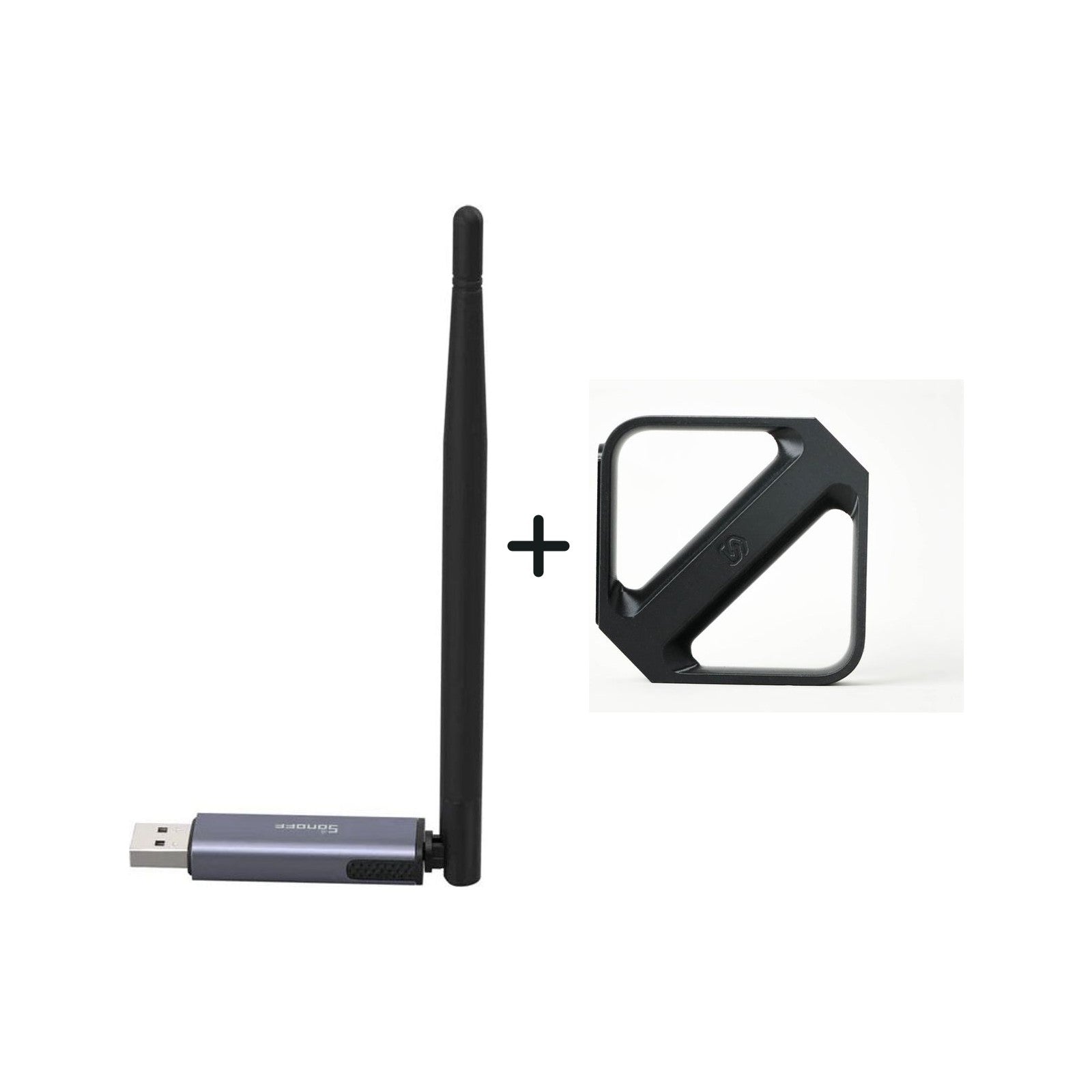 Sonoff Dongle Plus MG24 und Halterung für Sonoff Dongle Plus MG24 nebeneinander vor weißem Hintergrund