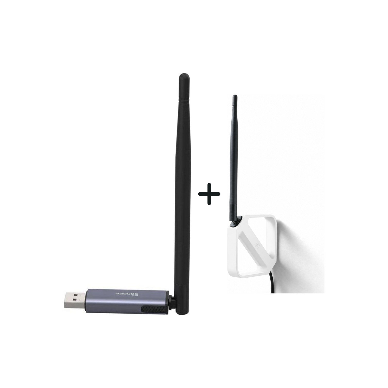 Sonoff Dongle Plus MG24 und Halterung für Sonoff Dongle Plus MG24 nebeneinander vor weißem Hintergrund