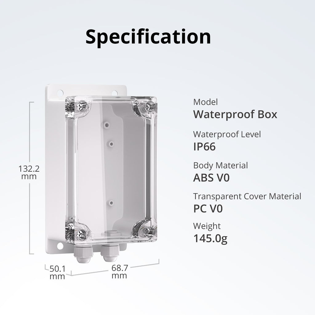 Maßgrafik des Sonoff IP66 Schutzgehäuses mit 132,2 × 68,7 × 50,1 mm und den Materialangaben ABS V0 und PC V0