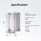 Maßgrafik des Sonoff IP66 Schutzgehäuses mit 132,2 × 68,7 × 50,1 mm und den Materialangaben ABS V0 und PC V0