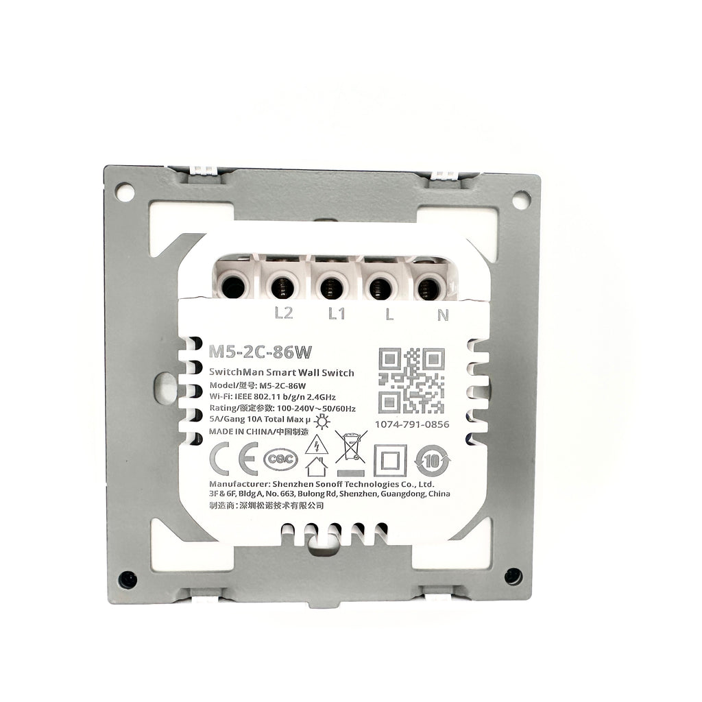 Rückseite des Sonoff M5 mit zwei Tastern: Klemmen L2, L1, L und N mit Typenschild