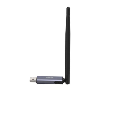 Sonoff Dongle Plus MG24 freigestellt, dunkelgraues Alu-Gehäuse mit USB-A-Stecker und aufgestellter Stabantenne