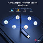 Herstellergrafik: Sonoff Dongle Plus MG24 im USB-Port, verbunden mit Home Assistant, Zigbee2MQTT, openHAB und ioBroker