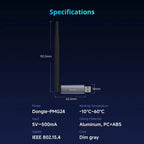 Maßgrafik des Sonoff Dongle Plus MG24: Antenne 151,5 mm, Gehäuse 62,5 mm, Eingang 5 V 500 mA