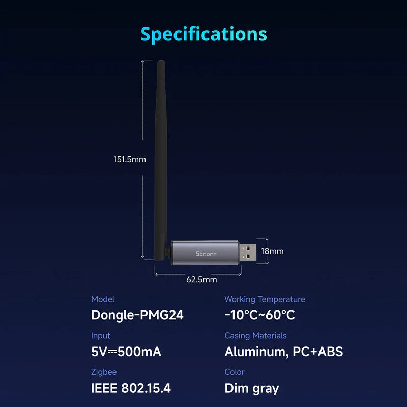 Maßgrafik des Sonoff Dongle Plus MG24: Antenne 151,5 mm, Gehäuse 62,5 mm, Eingang 5 V 500 mA