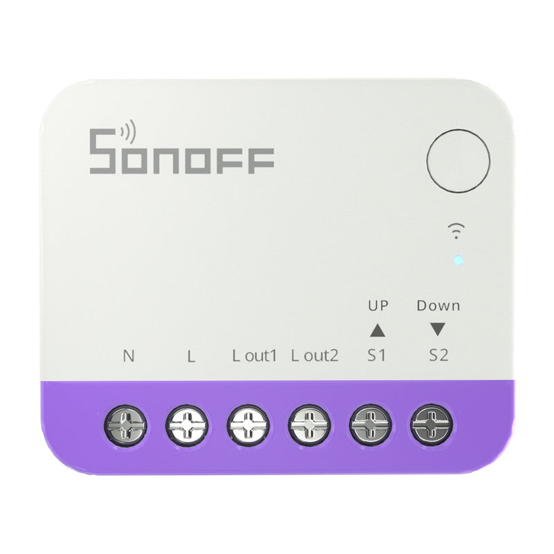 Draufsicht auf den Sonoff MINI-RBS mit SONOFF-Logo, Pairing-Taste und kompletter Klemmenbeschriftung