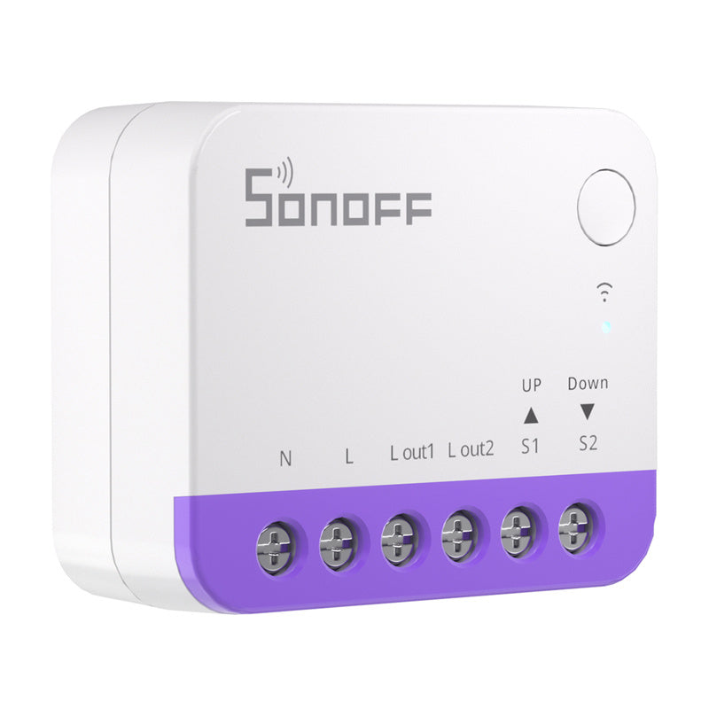 Seitenansicht des Sonoff MINI-RBS, zeigt die flache Bauform und die blaue Status-LED