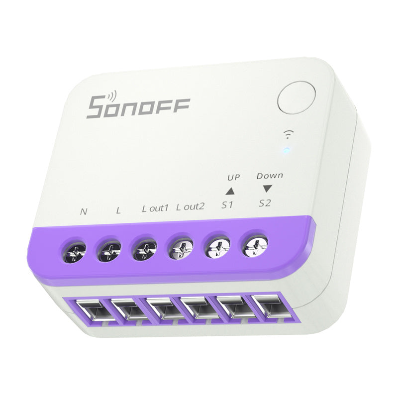 Sonoff MINI-RBS von schräg oben, die violetten Leitungseinführungen an der Gehäusestirnseite sind sichtbar