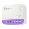 Sonoff MINI-RBS Rollladenaktor schräg von vorn mit violettem Klemmenblock und Beschriftung L out1, L out2, S1, S2