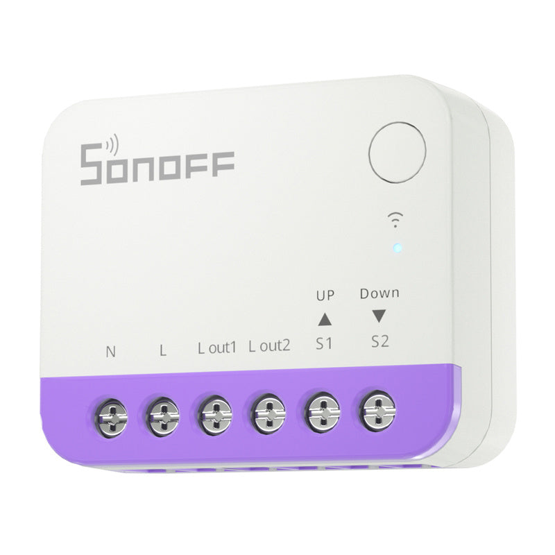Sonoff MINI-RBS Rollladenaktor schräg von vorn mit violettem Klemmenblock und Beschriftung L out1, L out2, S1, S2
