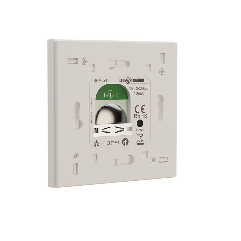 Rückseite der 8-Tasten-Wandtastatur SHM024 im Rahmen, Batteriefach für CR2450 und Reset-Taste sichtbar