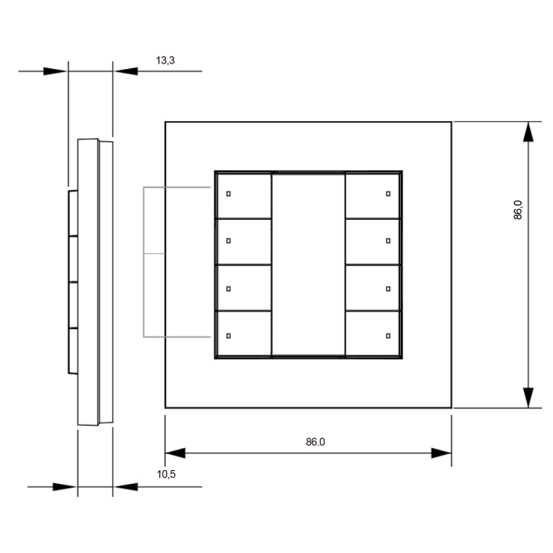 Maßzeichnung der 8-Tasten-Wandtastatur: 86 x 86 mm Frontmaß, 60,2 mm Einsatz, 13,3 mm Aufbauhöhe