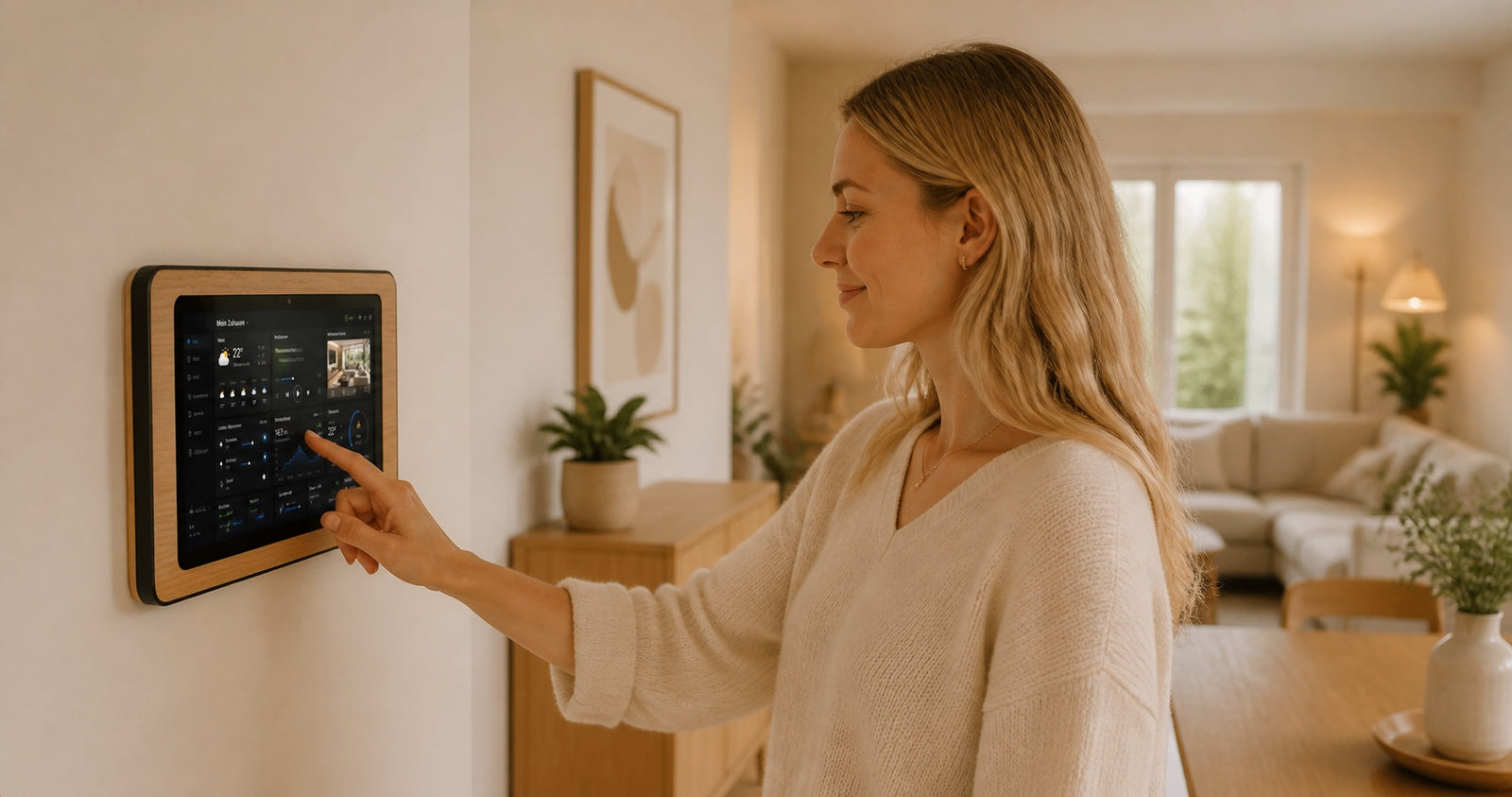 Frau bedient das smattex Wand-Tablet im Echtholzrahmen an der Wohnzimmerwand