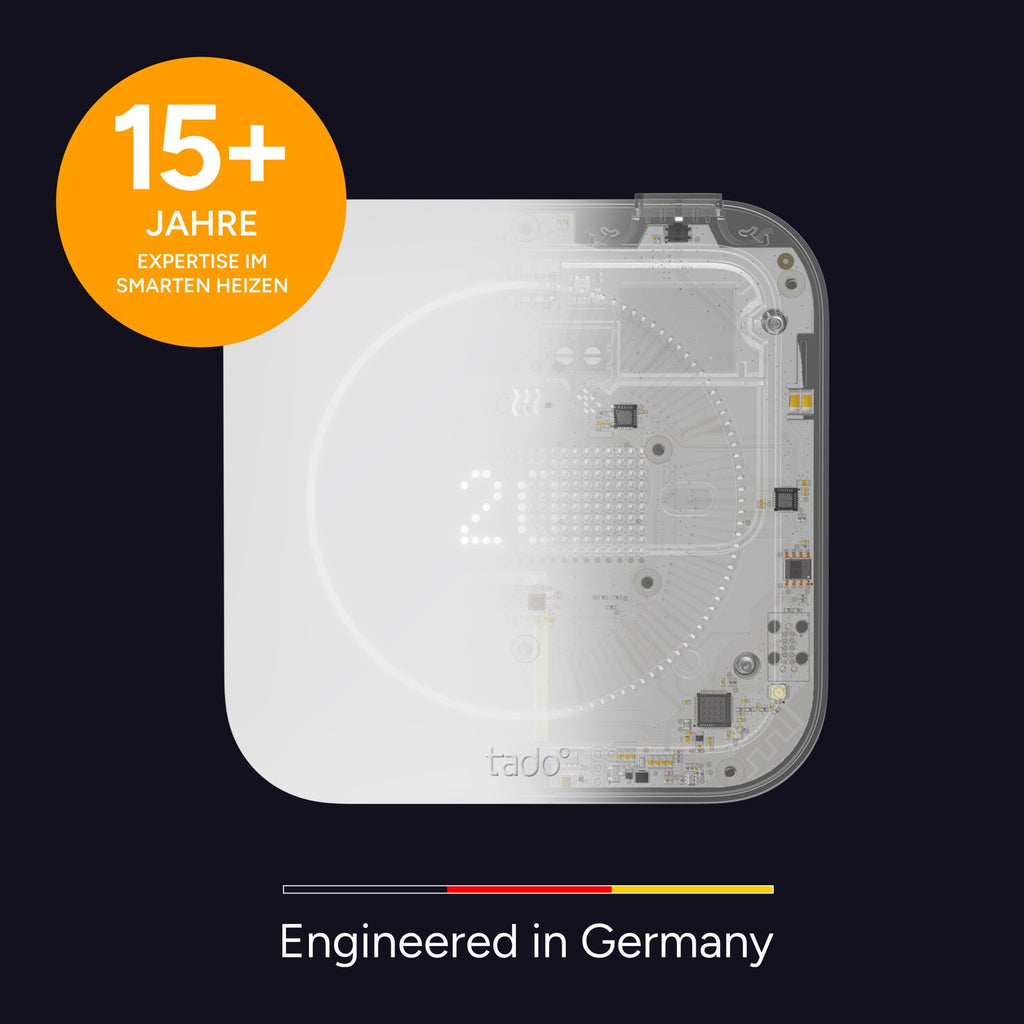 tado Funk-Temperatursensor X in der Röntgenansicht mit sichtbarer Platine, Hinweis Engineered in Germany