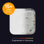 tado Funk-Temperatursensor X in der Röntgenansicht mit sichtbarer Platine, Hinweis Engineered in Germany