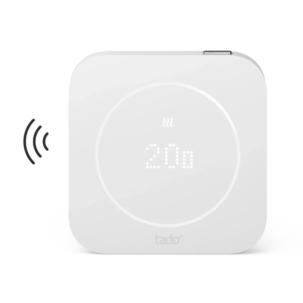 tado Funk-Temperatursensor X der zweiten Generation, weißes quadratisches Gehäuse mit Punktmatrix-Display