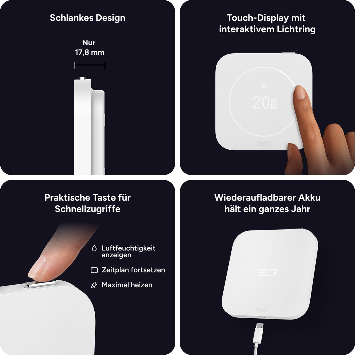 Vier Detailbilder zum Sensor: 17,8 mm flaches Gehäuse, Lichtring am Display, Taste oben und Akku mit USB-C-Kabel