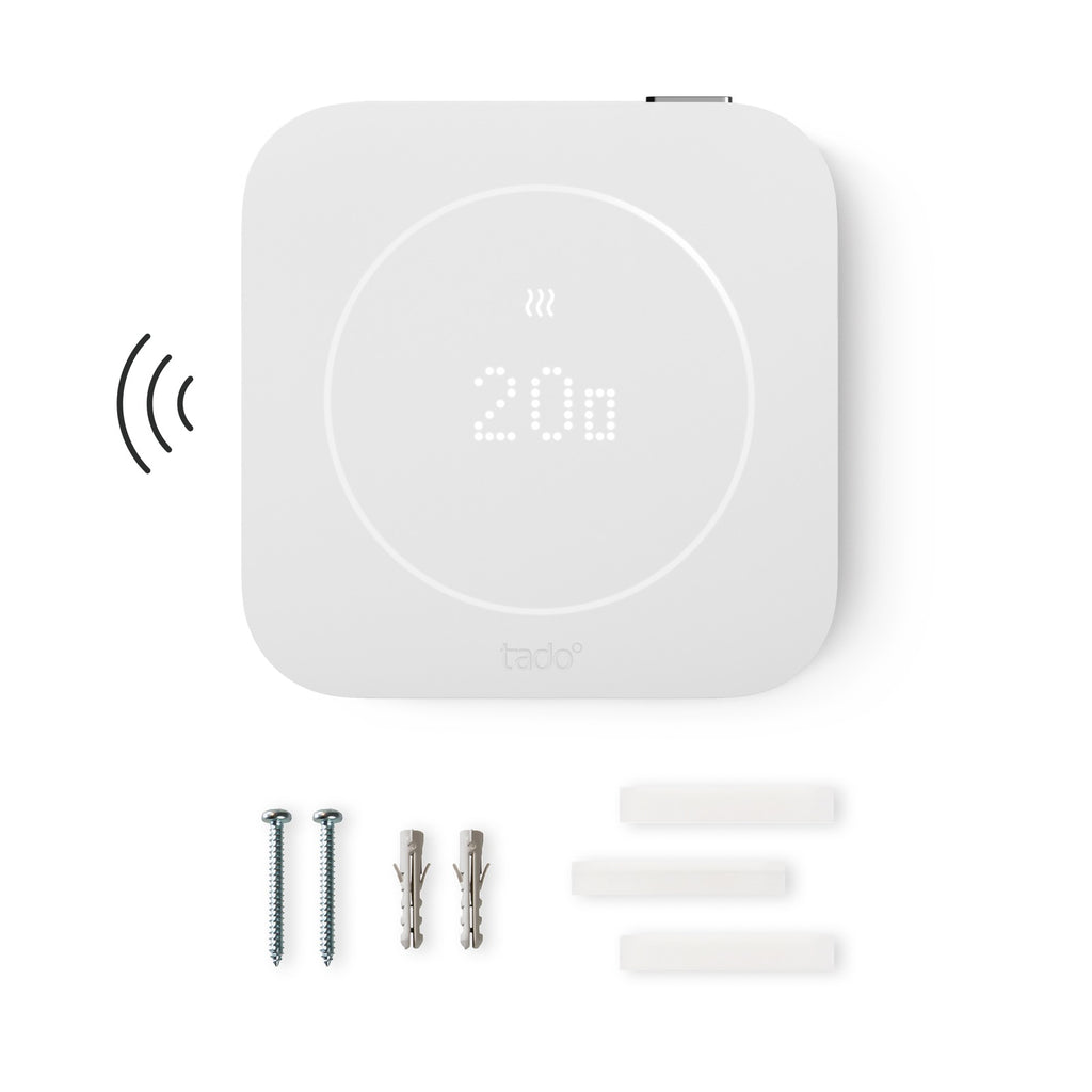 Lieferumfang des Funk-Temperatursensors X (2. Gen.): Sensor, zwei Schrauben, zwei Dübel und drei Klebepads
