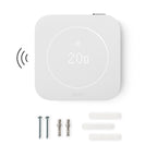 Lieferumfang des Funk-Temperatursensors X (2. Gen.): Sensor, zwei Schrauben, zwei Dübel und drei Klebepads
