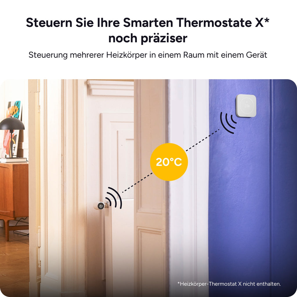 Funk-Temperatursensor X an der Wand misst 20 Grad und steuert damit die Heizkörper-Thermostate im selben Raum