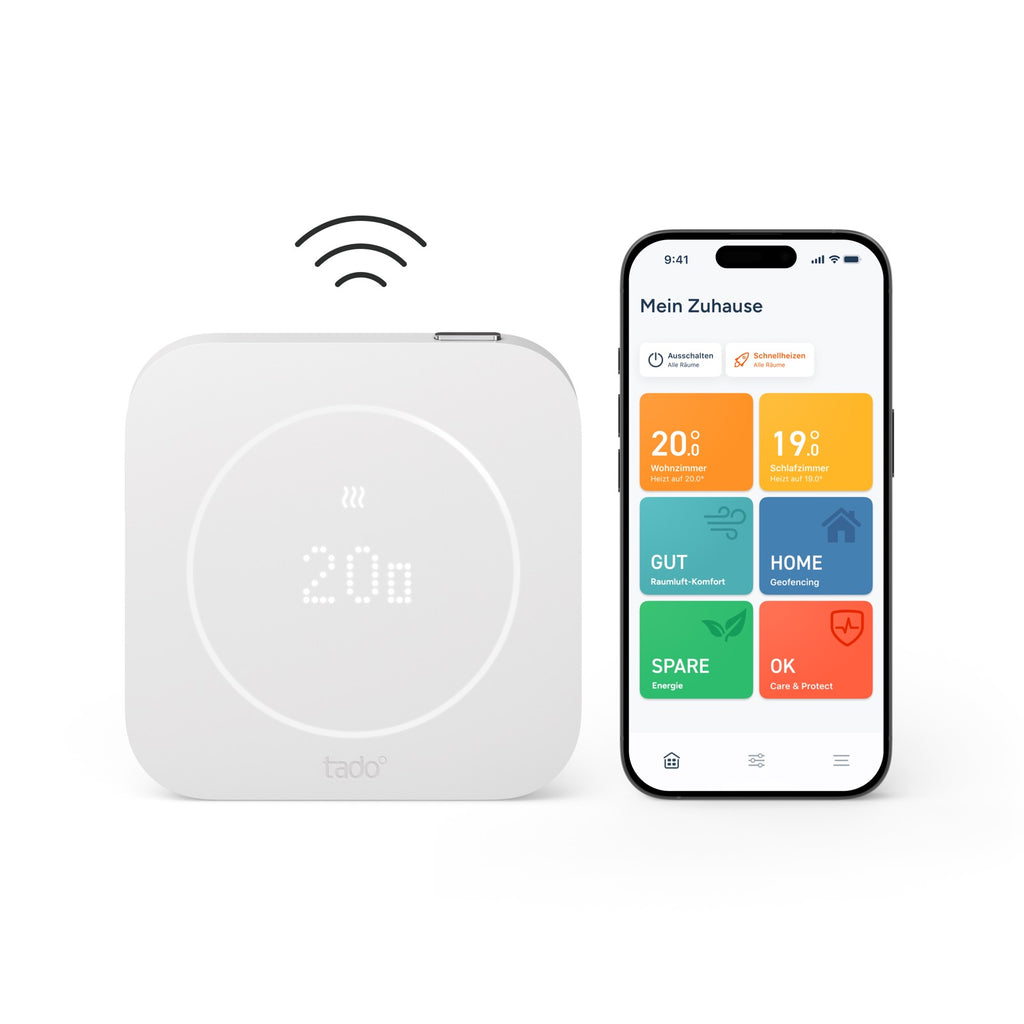 tado Funk-Temperatursensor X (2. Gen.) neben einem Smartphone mit der Raumübersicht der tado App