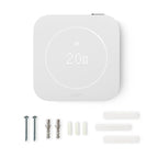 Lieferumfang des Verkabelten Thermostats X (2. Gen.): Thermostat, Schrauben, Dübel, Klebepads und Verkabelungszubehör