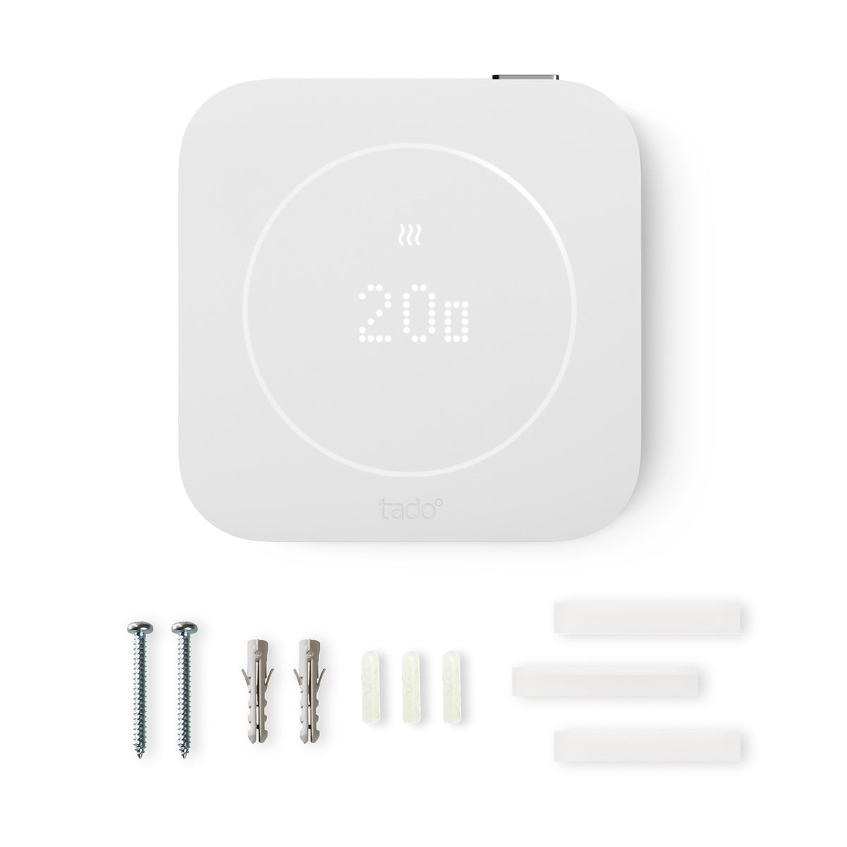 Lieferumfang des Verkabelten Thermostats X (2. Gen.): Thermostat, Schrauben, Dübel, Klebepads und Verkabelungszubehör