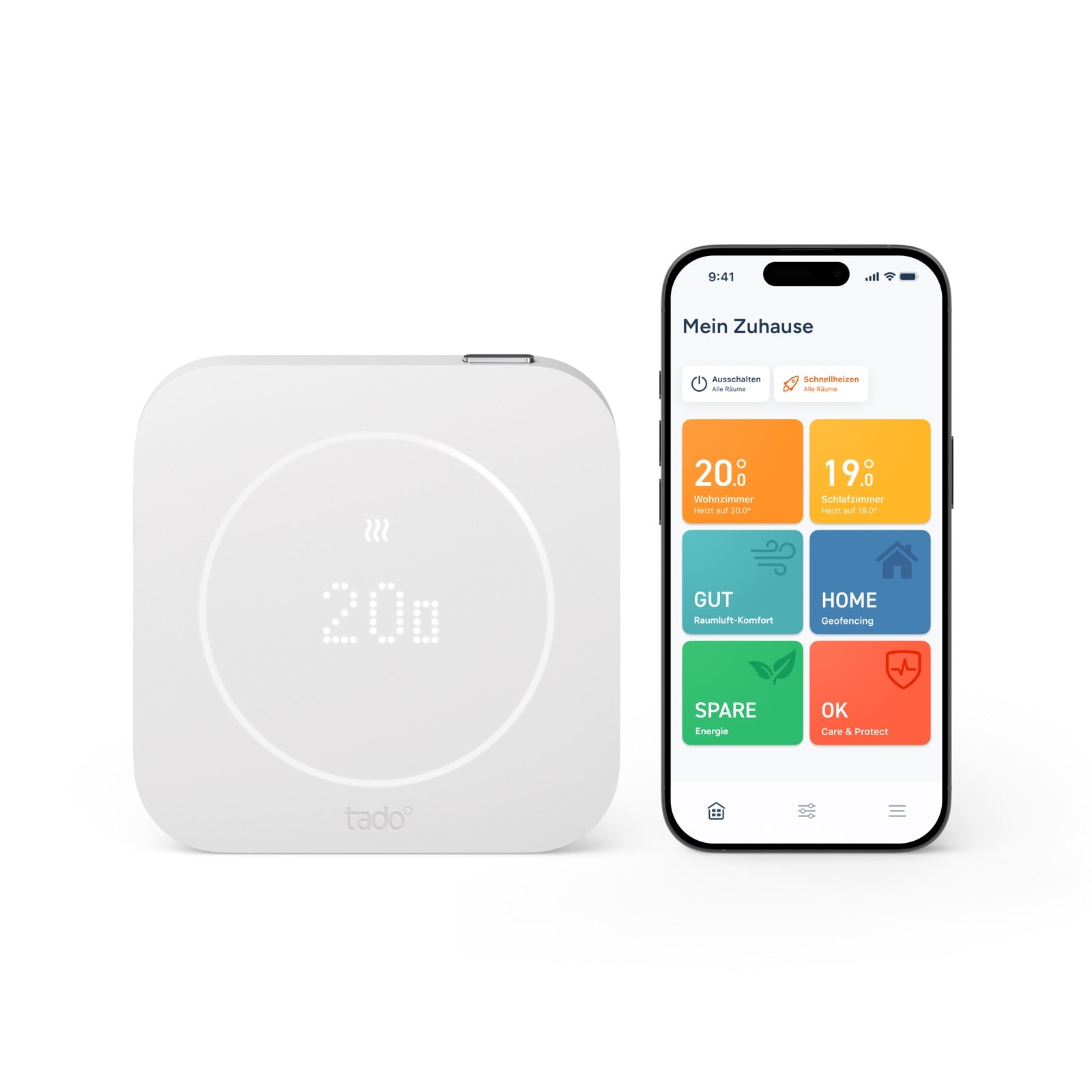 tado Verkabeltes Thermostat X (2. Gen.) neben einem Smartphone mit der Raumübersicht der tado App