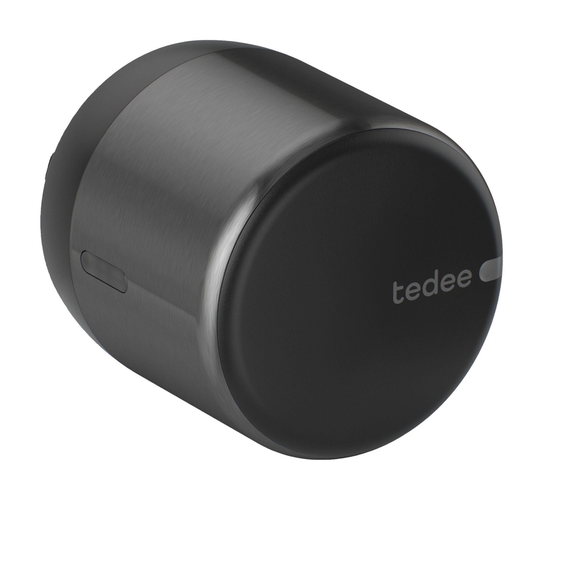 Tedee GO2 in Schwarz, freigestellt schräg von vorn, mit Matter-Logo