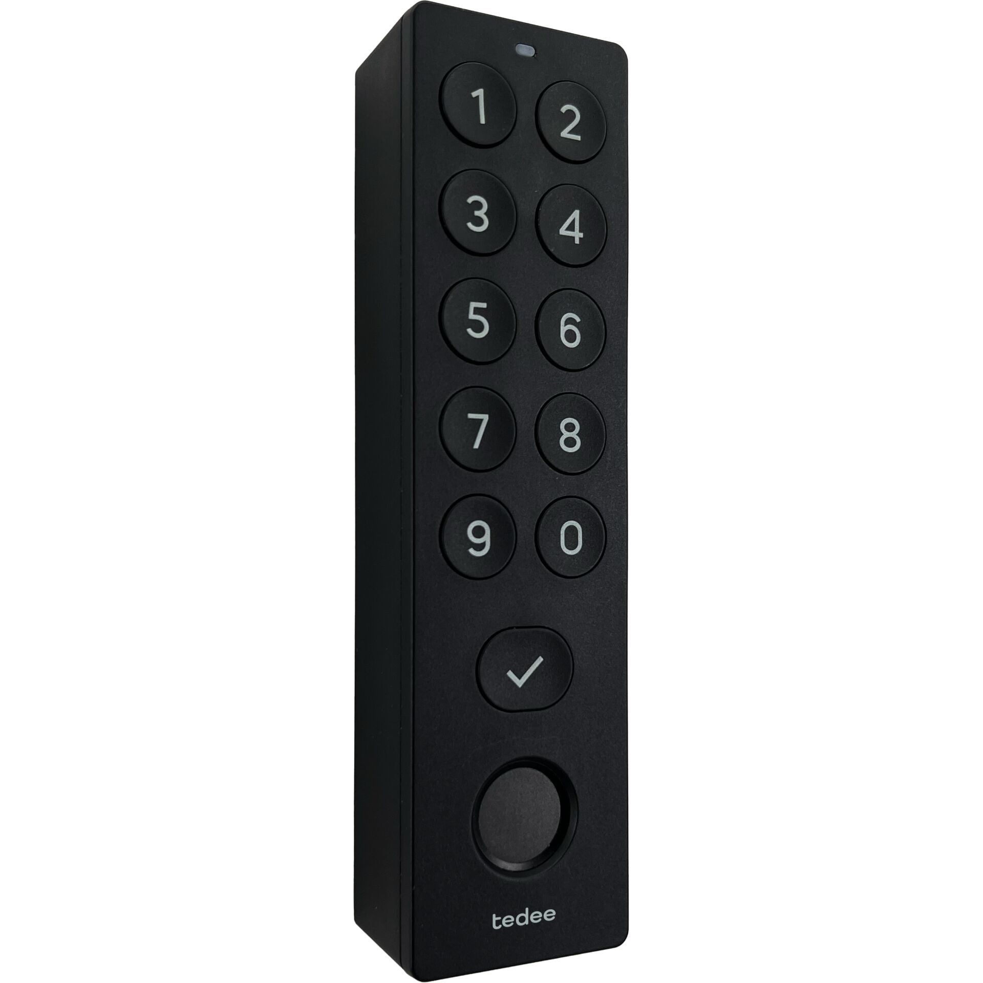 Tedee Keypad PRO in Schwarz, freigestellt von vorn mit Zifferntasten und Fingerabdrucksensor