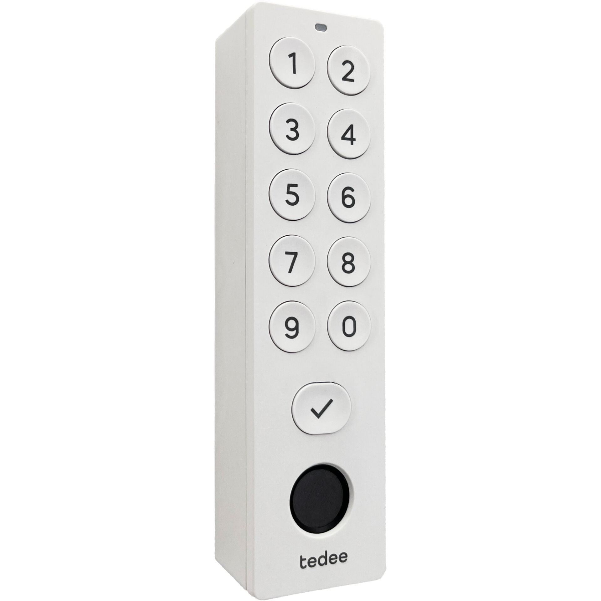 Tedee Keypad PRO in Weiß, freigestellt von vorn mit Zifferntasten und Fingerabdrucksensor