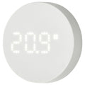 IKEA TIMMERFLOTTE Temperatursensor, rundes weißes Gehäuse mit Punktmatrix-Anzeige von 20,9 Grad