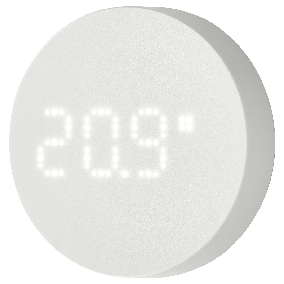 IKEA TIMMERFLOTTE Temperatursensor, rundes weißes Gehäuse mit Punktmatrix-Anzeige von 20,9 Grad