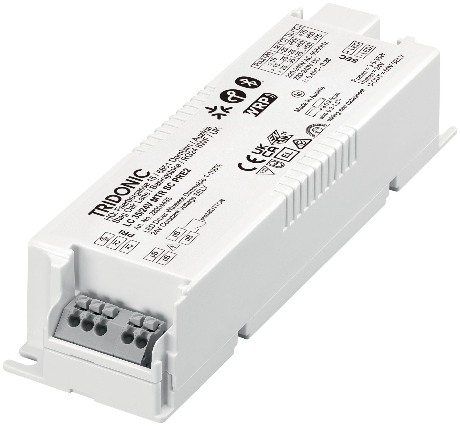 Tridonic LED-Treiber MTR SC PRE2 SP in der 35-Watt-Ausführung, weißes Gehäuse mit Anschlussklemmen