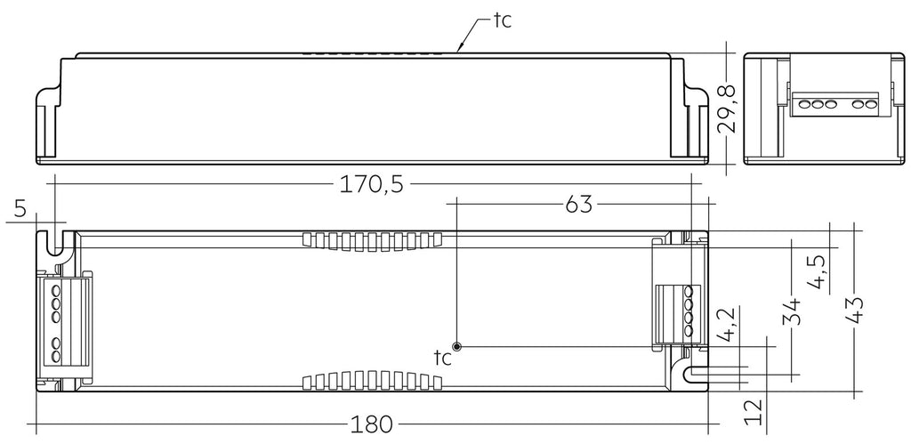 Technische Zeichnung des 60-Watt-Treibers mit Gehäusemaßen
