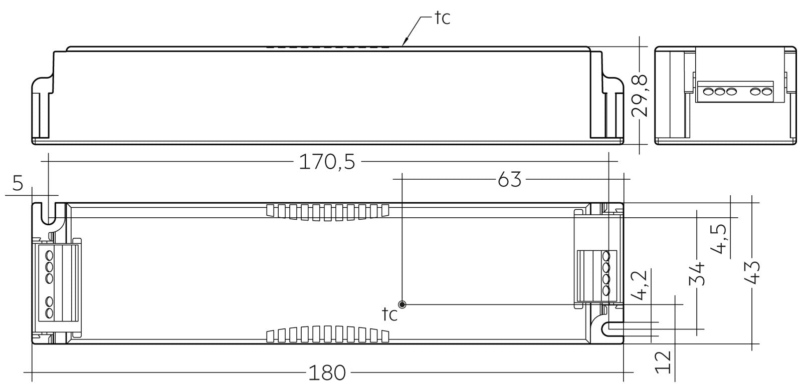 Technische Zeichnung des 60-Watt-Treibers mit Gehäusemaßen
