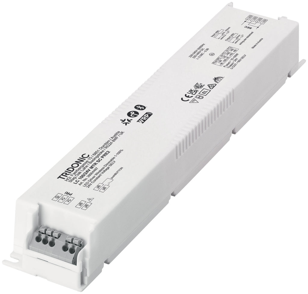 Tridonic LED-Treiber MTR SC PRE2 LC 100/24V schräg von oben, graue Push-Klemmen an der Stirnseite offen